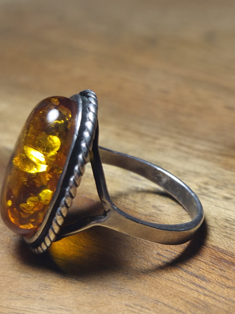 Sterling Silver Amber Cabochon Ring - Honey Amber